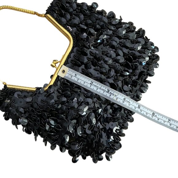 Vintage Beaded Sequin Kiss Lock Clutch Black Formal Glam Flapper Going Out - Picture 6 of 7
